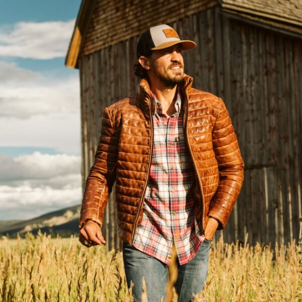 Experience Ultimate Alpine Style – The VogueHide Bridger Leather Down Jacket | Light Brown