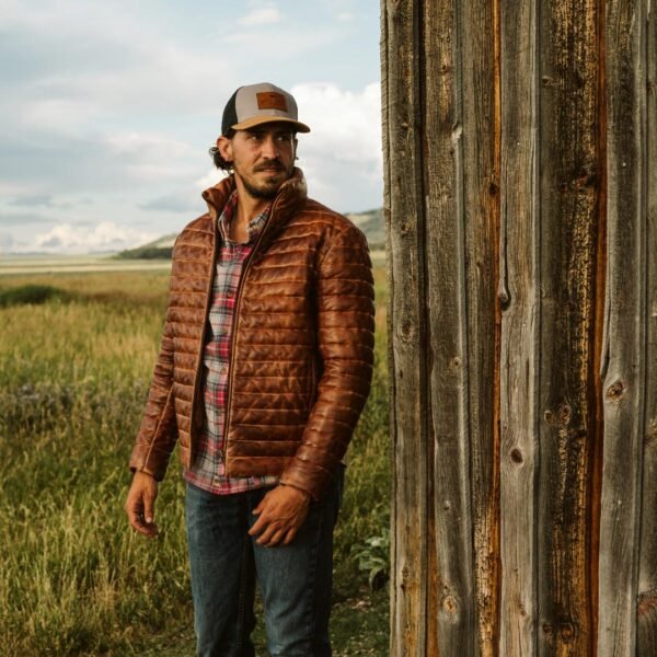 Experience Ultimate Alpine Style – The VogueHide Bridger Leather Down Jacket | Light Brown - Image 7