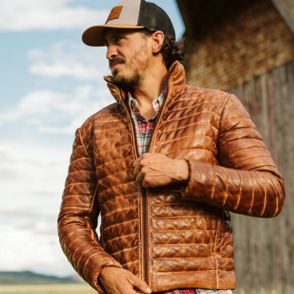 Experience Ultimate Alpine Style – The VogueHide Bridger Leather Down Jacket | Light Brown - Image 12