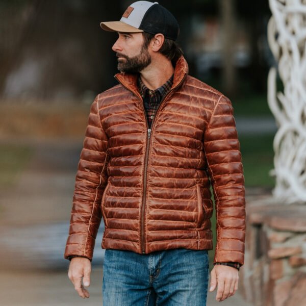 Experience Ultimate Alpine Style – The VogueHide Bridger Leather Down Jacket | Light Brown - Image 18