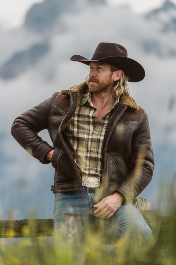 Channel Western Grit with the VogueHide Jackson Leather Shearling Jacket | Brown - Image 13
