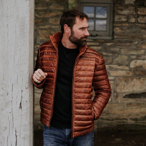 Experience Ultimate Alpine Style – The VogueHide Bridger Leather Down Jacket | Light Brown - Image 14