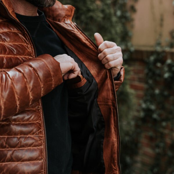 Experience Ultimate Alpine Style – The VogueHide Bridger Leather Down Jacket | Light Brown - Image 16