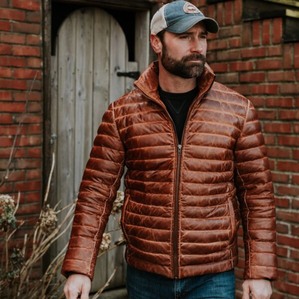 Experience Ultimate Alpine Style – The VogueHide Bridger Leather Down Jacket | Light Brown - Image 15