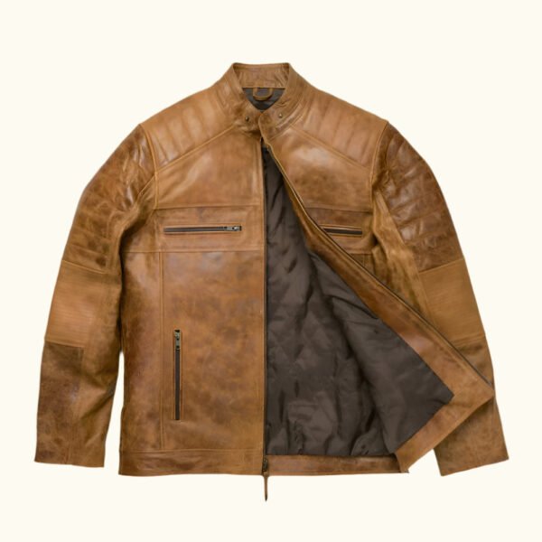 Ride with Attitude – The VogueHide Café Racer Leather Jacket | Distressed Tan - Image 2