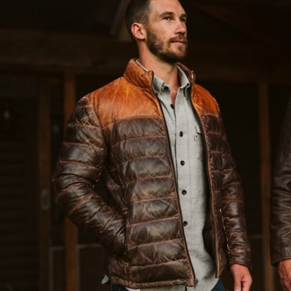 Built for the Cold. Styled for the Peak – The VogueHide Bridger Leather Down Jacket | Tan & Brown