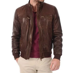 John Hunter Men’s Brown Lambskin Leather Bomber Motorcycle Jacket by VogueHide