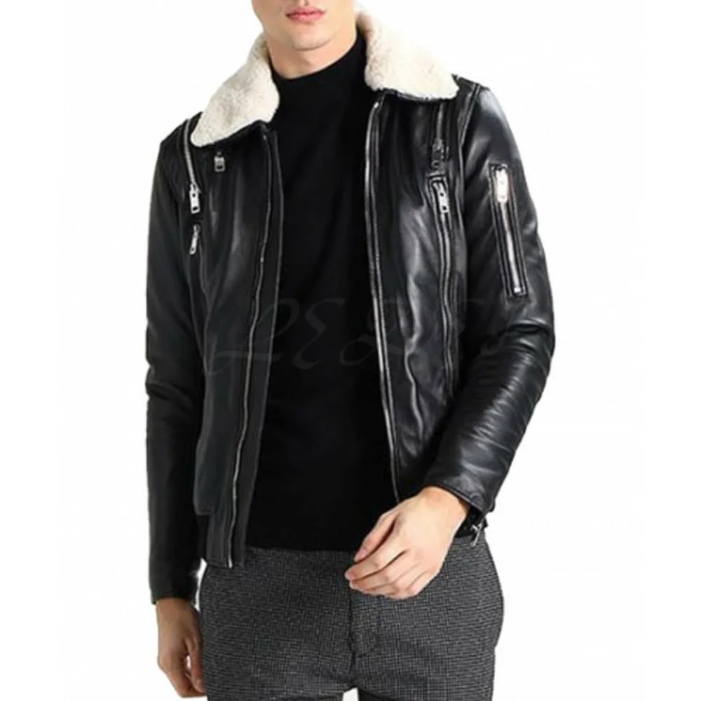 Black Leather Jacket with White Fur Collar by VogueHide - Image 4