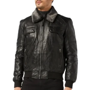 Men’s Black Leather Bomber Jacket with Fur Collar by VogueHide