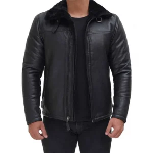 Men’s Black Leather Jacket with Fur Collar by VogueHide