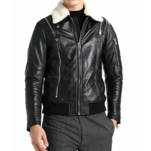Black Leather Jacket with White Fur Collar by VogueHide