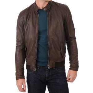 John Hunter Men’s Brown Lambskin Leather Bomber Motorcycle Jacket by VogueHide