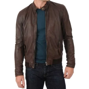 John Hunter Men’s Brown Lambskin Leather Bomber Motorcycle Jacket by VogueHide