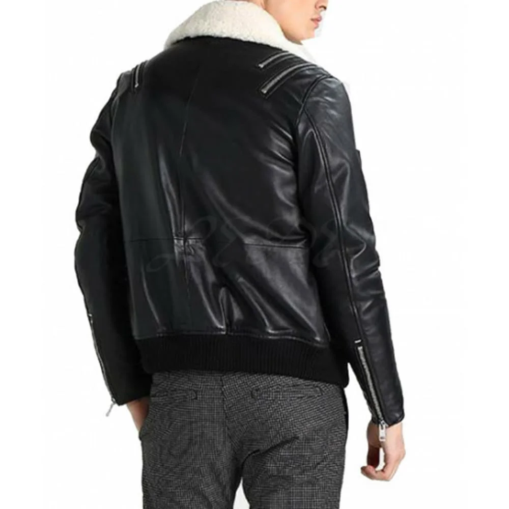 Black Leather Jacket with White Fur Collar by VogueHide - Image 3