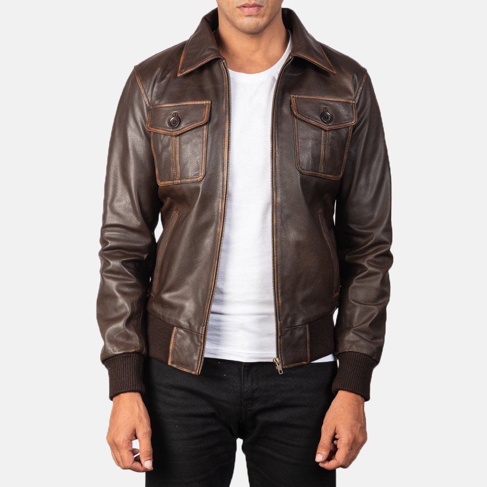 Aaron Brown Leather Bomber Jacket by VogueHide