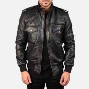 Agent Shadow Black Leather Bomber Jacket by VogueHide