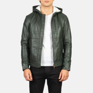Baston Green Hooded Leather Bomber Jacket by VogueHide