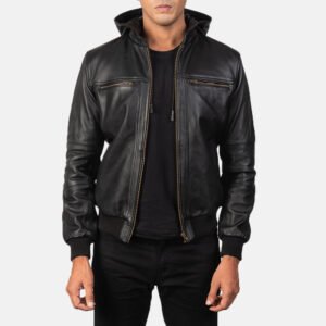Bouncer Biz Black Leather Bomber Jacket by VogueHide