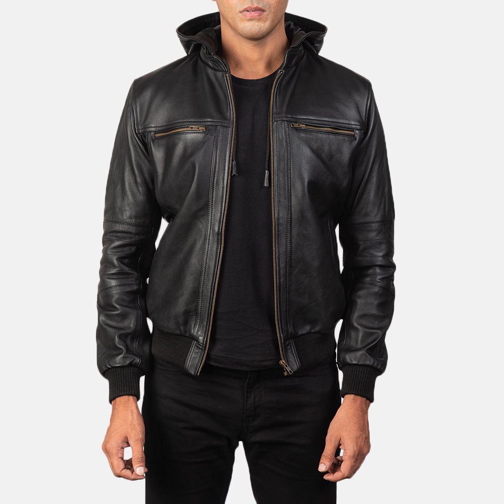 Bouncer Biz Black Leather Bomber Jacket by VogueHide