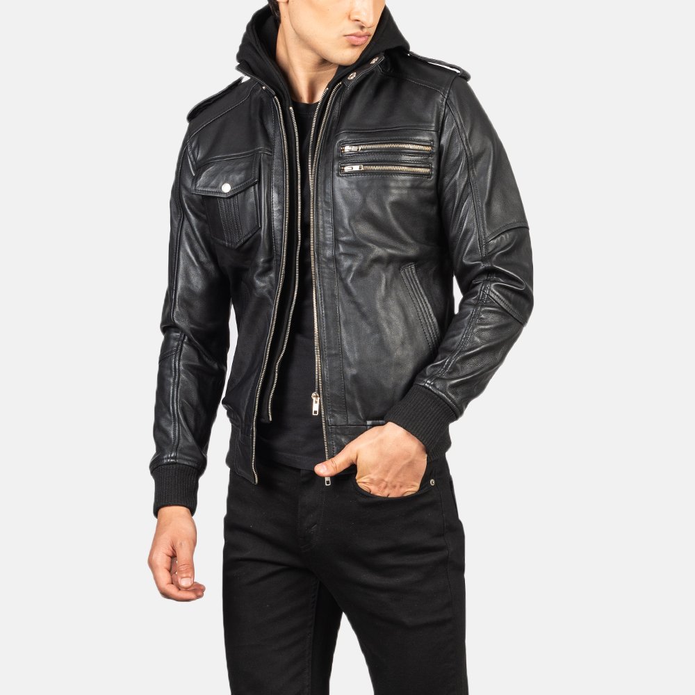 Bravado Black Hooded Leather Bomber Jacket by VogueHide - Image 4
