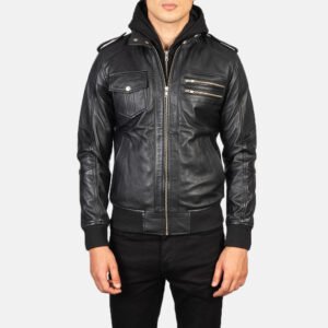 Bravado Black Hooded Leather Bomber Jacket by VogueHide