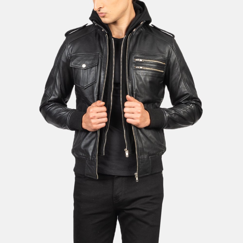Bravado Black Hooded Leather Bomber Jacket by VogueHide - Image 6