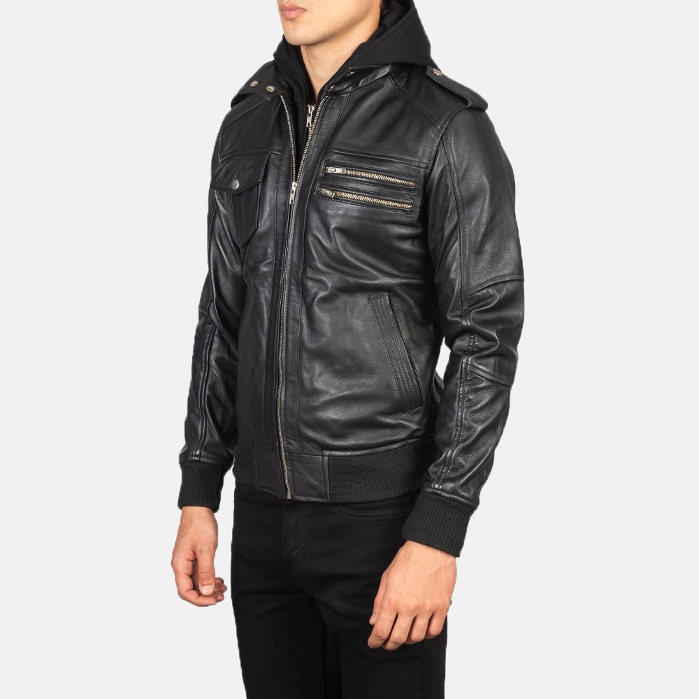 Bravado Black Hooded Leather Bomber Jacket by VogueHide - Image 2