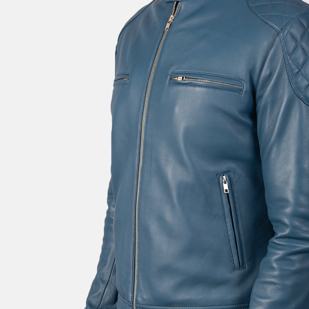 Gatsby Blue Leather Biker Jacket by VogueHide - Image 4