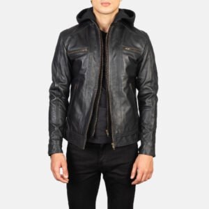 Hector Black Hooded Leather Biker Jacket by VogueHide