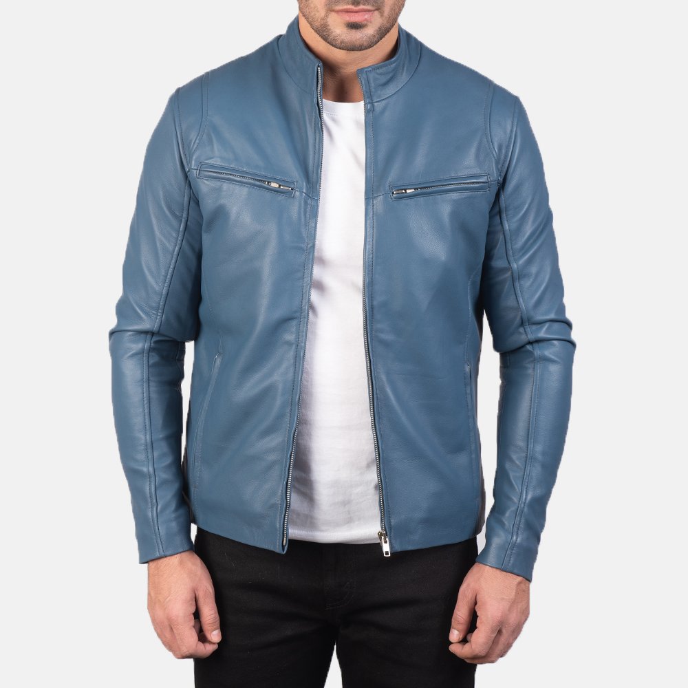 Ionic Blue Leather Biker Jacket by VogueHide - Image 2