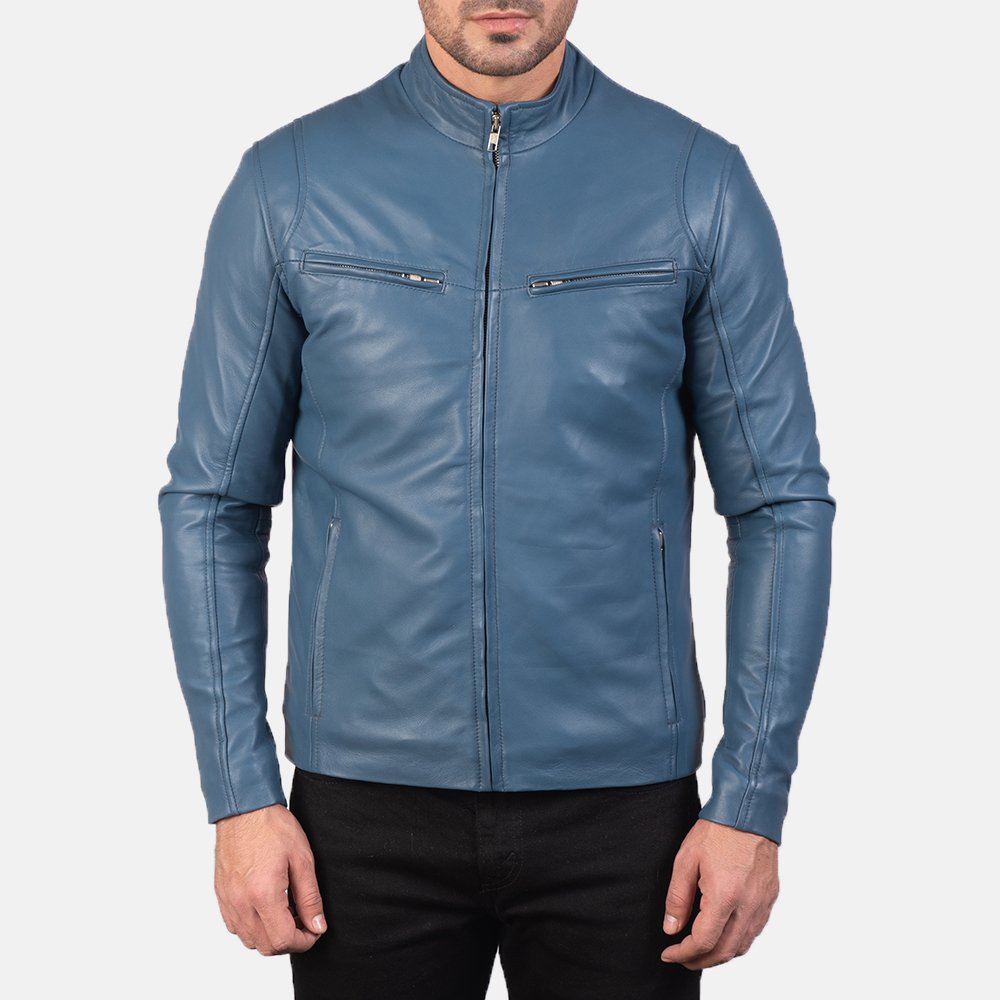 Ionic Blue Leather Biker Jacket by VogueHide - Image 5