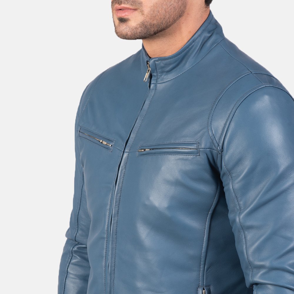 Ionic Blue Leather Biker Jacket by VogueHide - Image 6