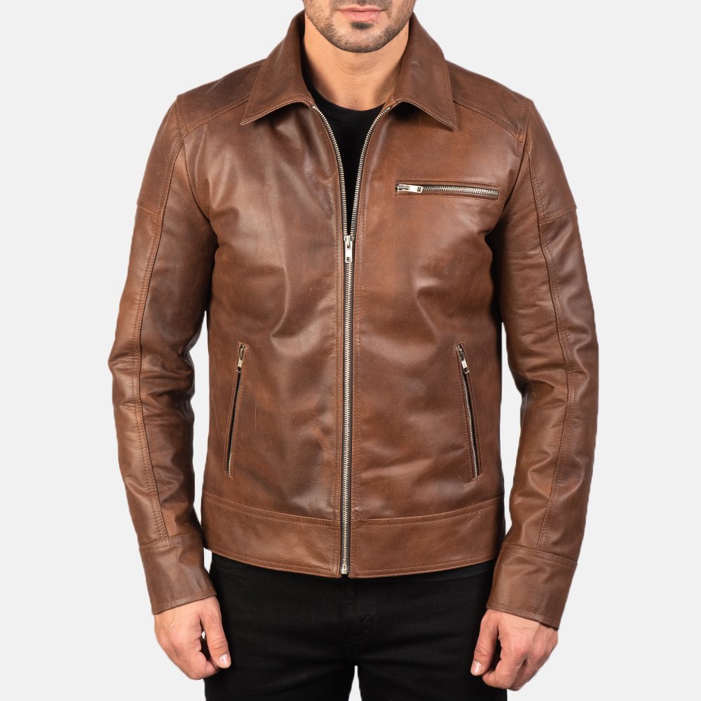 Lavendard Brown Leather Biker Jacket by VogueHide - Image 3