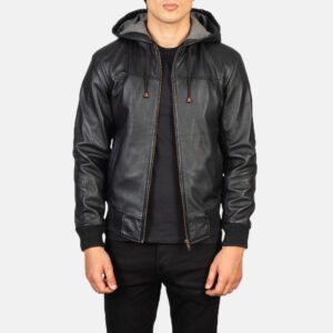 Nintenzo Black Hooded Leather Bomber Jacket by VogueHide